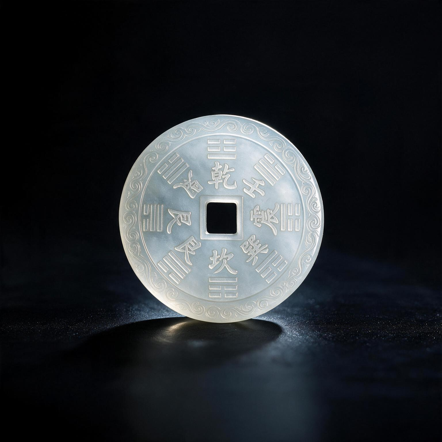 Back of the Water Jade Shan Gui Coin Charm with symbolic Taoist layout