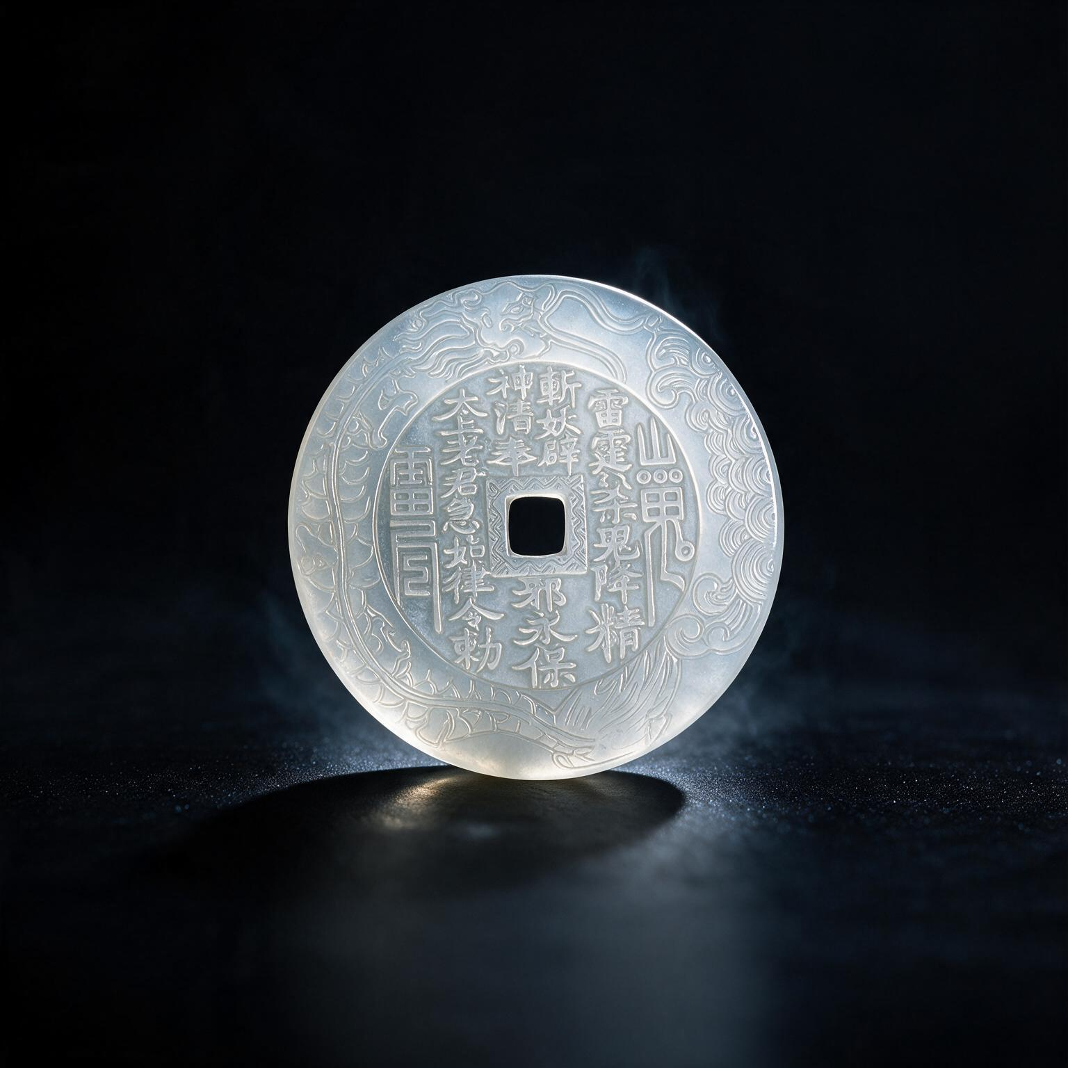 Front of the Water Jade Shan Gui Coin Charm with Taoist talisman inscriptions