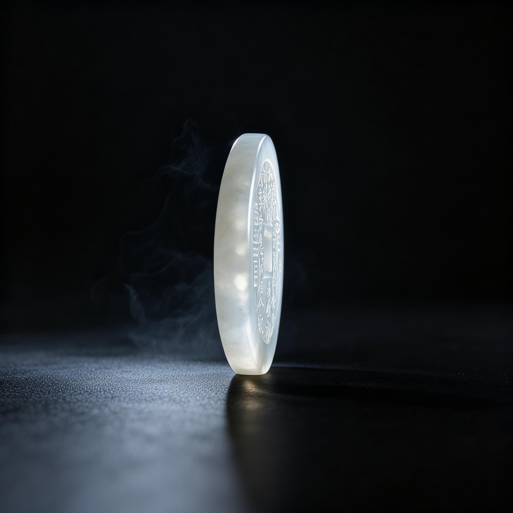 Side profile of the Water Jade Shan Gui Coin Charm showing pendant-ready thickness